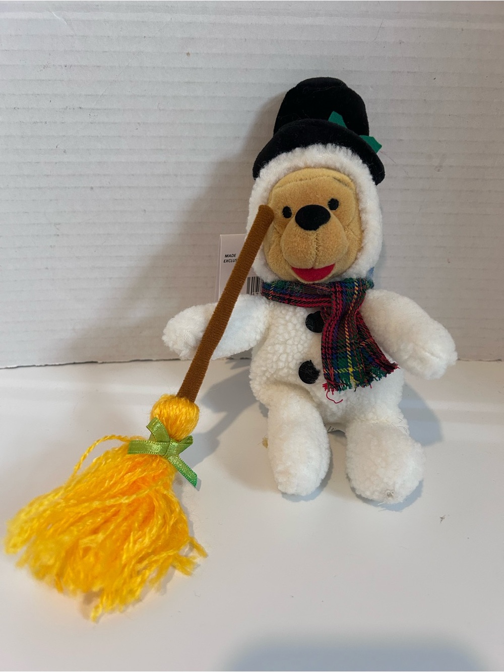 Vtg Disney mini bean bag Snowman Pooh Bear with Yellow Broom and Plaid Scarf 8”